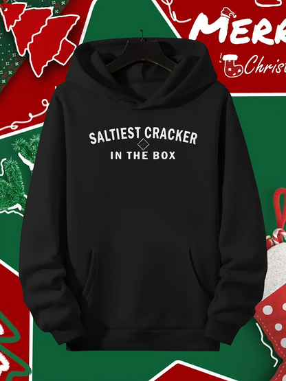 Men's Graphic Hoodie Saltiest Cracker In The Box Bold White Lettering On Black Cotton Hoodie