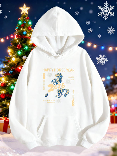 Women's Graphic Hoodie Happy Horse Year With Christmas Lights Surrounding Leaping Magical Horse