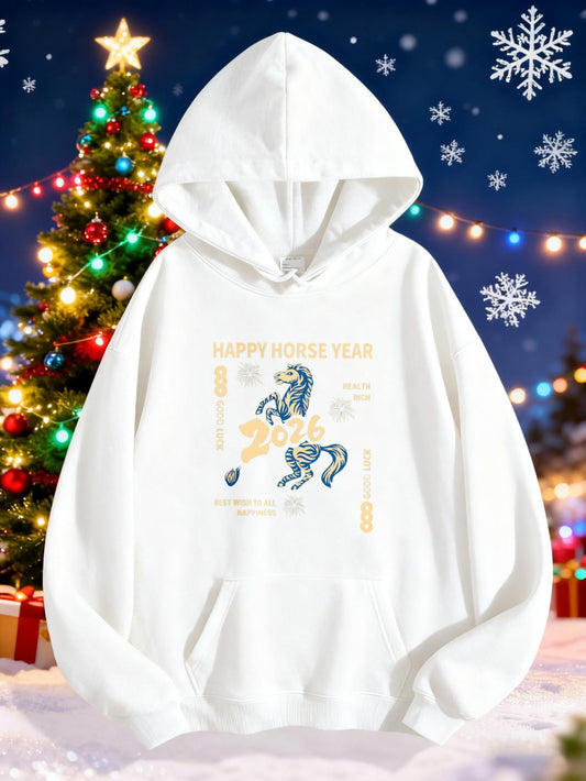 Women's Graphic Hoodie Happy Horse Year With Christmas Lights Surrounding Leaping Magical Horse
