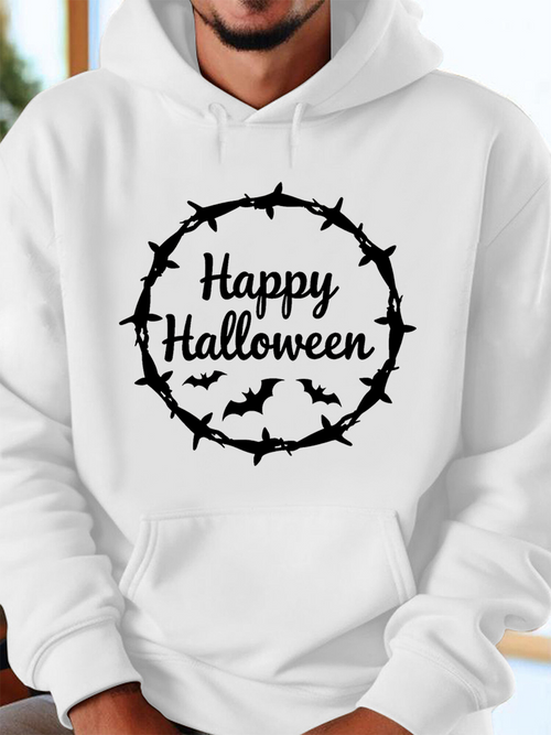 Men's Graphic Hoodie Happy Halloween Bats Flying Around Circular Wreath With Dark Shadows