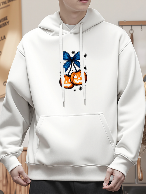 Men's Graphic Hoodie Blue Ribbon With Pumpkins And Accents Halloween Pumpkin
