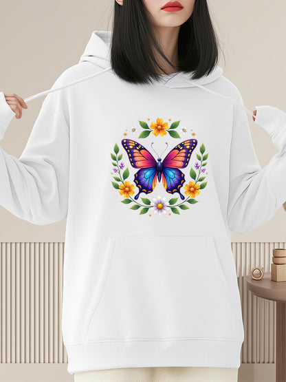 Women's Graphic Hoodie Colorful Wildflowers And Lush Greenery Surrounding Vibrant Butterfly