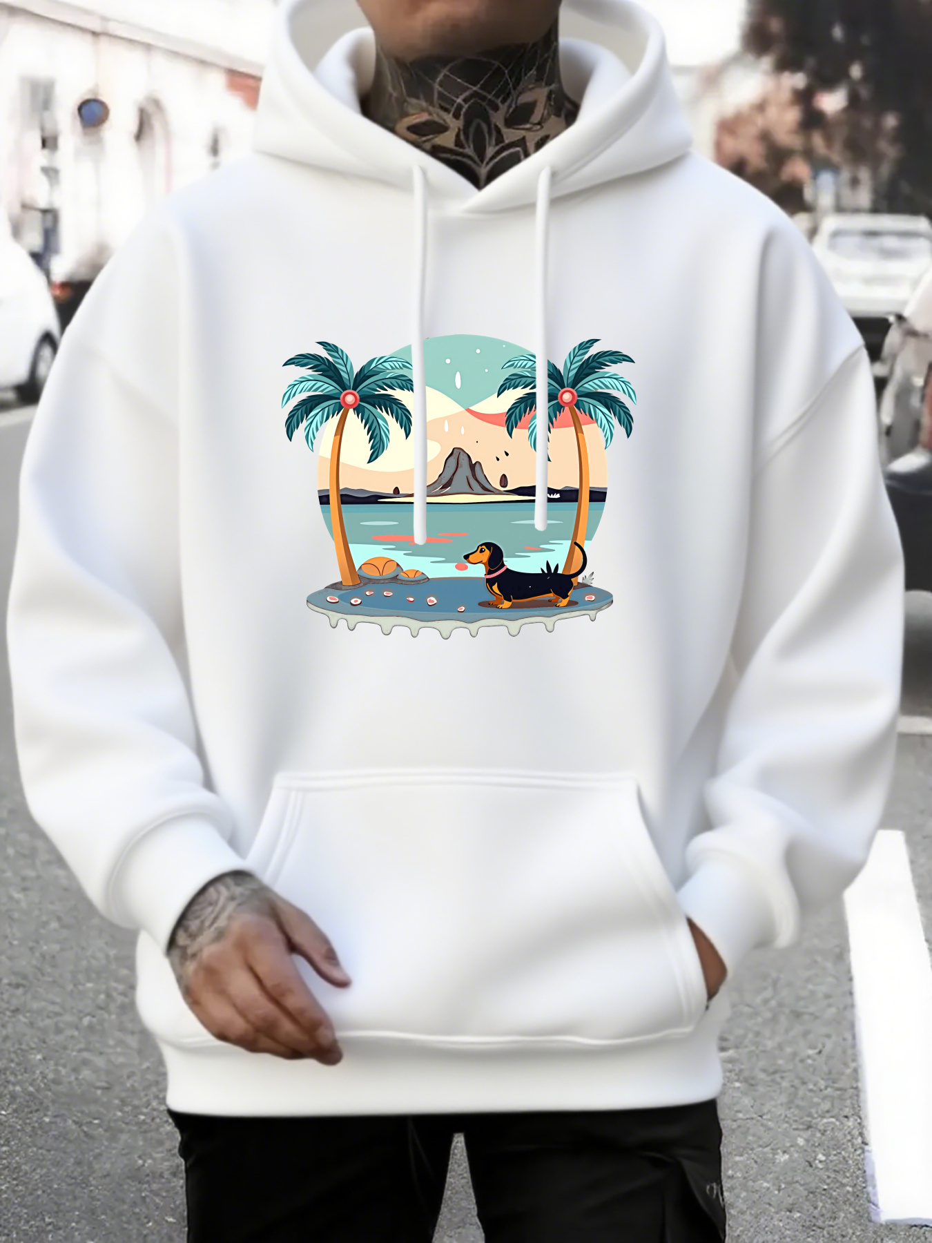 Men's Graphic Hoodie Tropical Sunset With Mountains And Palm Trees Over Serene Water Dog