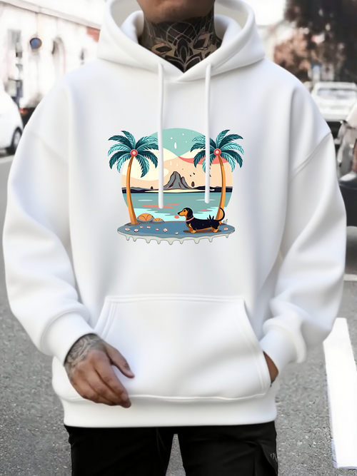 Men's Graphic Hoodie Tropical Sunset With Mountains And Palm Trees Over Serene Water Dog