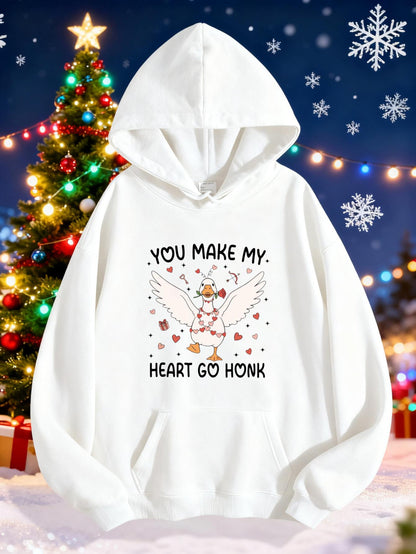 Women's Graphic Hoodie You Make My Heart Go Honk With Festive Lights Snowflakes And A Cartoon Goose
