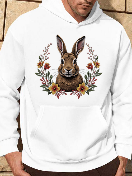 Men's Graphic Hoodie Autumn Foliage With Blooming Wildflowers Surrounding Realistic Brown Rabbit