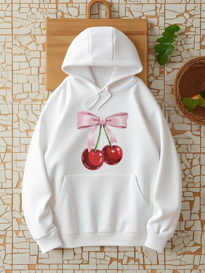 Women's Graphic Hoodie Pink Silk Bow With Shiny Glossy Red Cherries