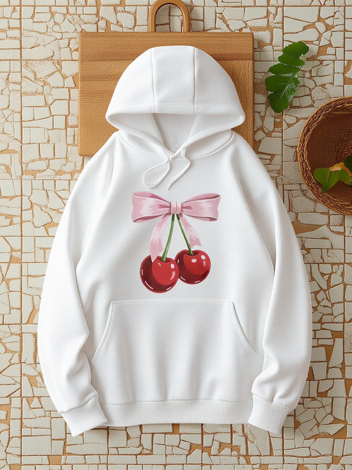 Women's Graphic Hoodie Pink Silk Bow With Shiny Glossy Red Cherries