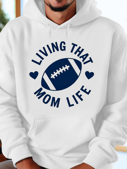Men's Graphic Hoodie Living That Mom Life Graphic With Blue Hearts And Football Center Hoodie