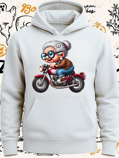 Women's Graphic Hoodie Adorable Elderly Woman Riding A Red Classic Motorcycle Hoodie