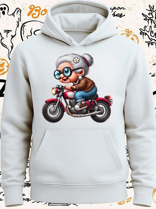 Women's Graphic Hoodie Adorable Elderly Woman Riding A Red Classic Motorcycle Hoodie