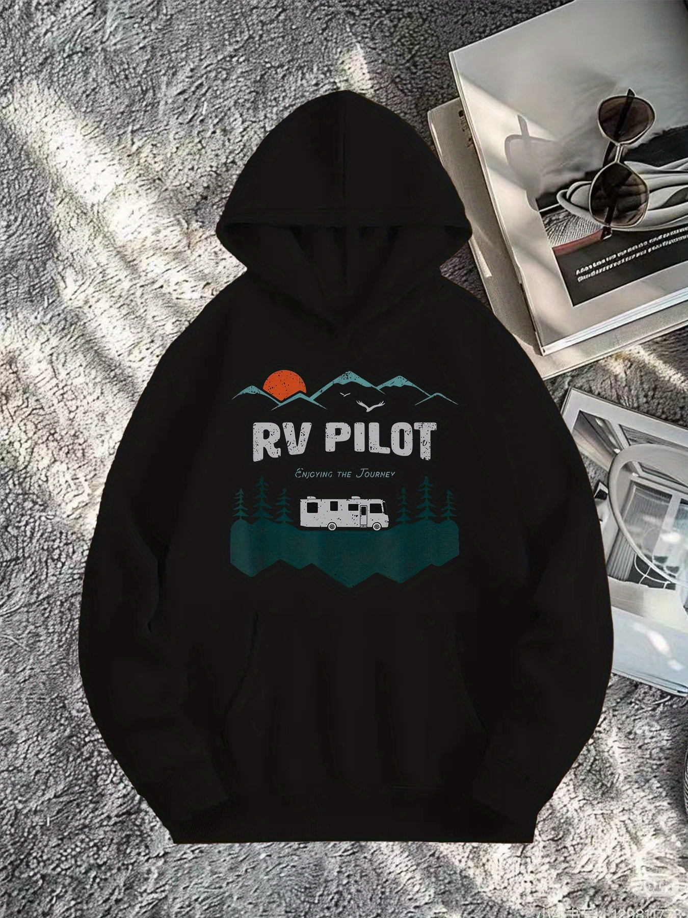 Men's Graphic Hoodie RV Pilot Mountain Peaks With Setting Sun And Forest Among Shadows Caravan