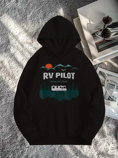 Men's Graphic Hoodie RV Pilot Mountain Peaks With Setting Sun And Forest Among Shadows Caravan
