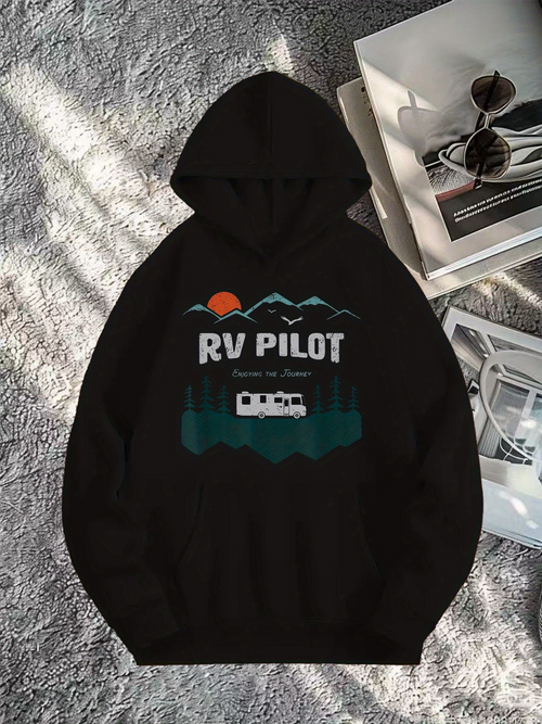 Men's Graphic Hoodie RV Pilot Mountain Peaks With Setting Sun And Forest Among Shadows Caravan
