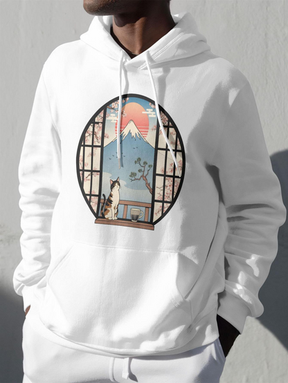 Men's Graphic Hoodie Sunrise Mountain View Through Traditional Window With Cat Sitting Peacefully