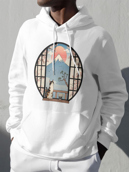 Men's Graphic Hoodie Sunrise Mountain View Through Traditional Window With Cat Sitting Peacefully