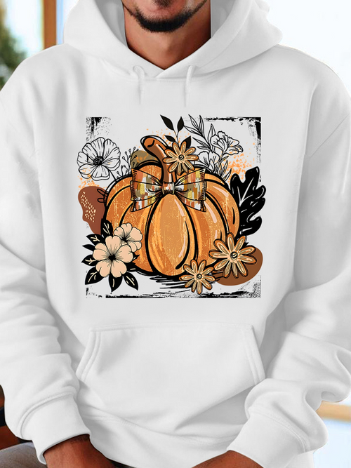 Men's Graphic Hoodie Autumn Leaves And Delicate Flowers Surrounding Vintage Pumpkin