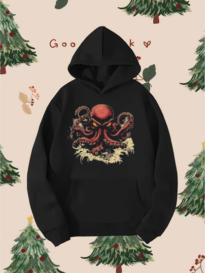 Men's Graphic Hoodie Deep Sea Red Tentacles With Gentle Ocean Waves Octopus