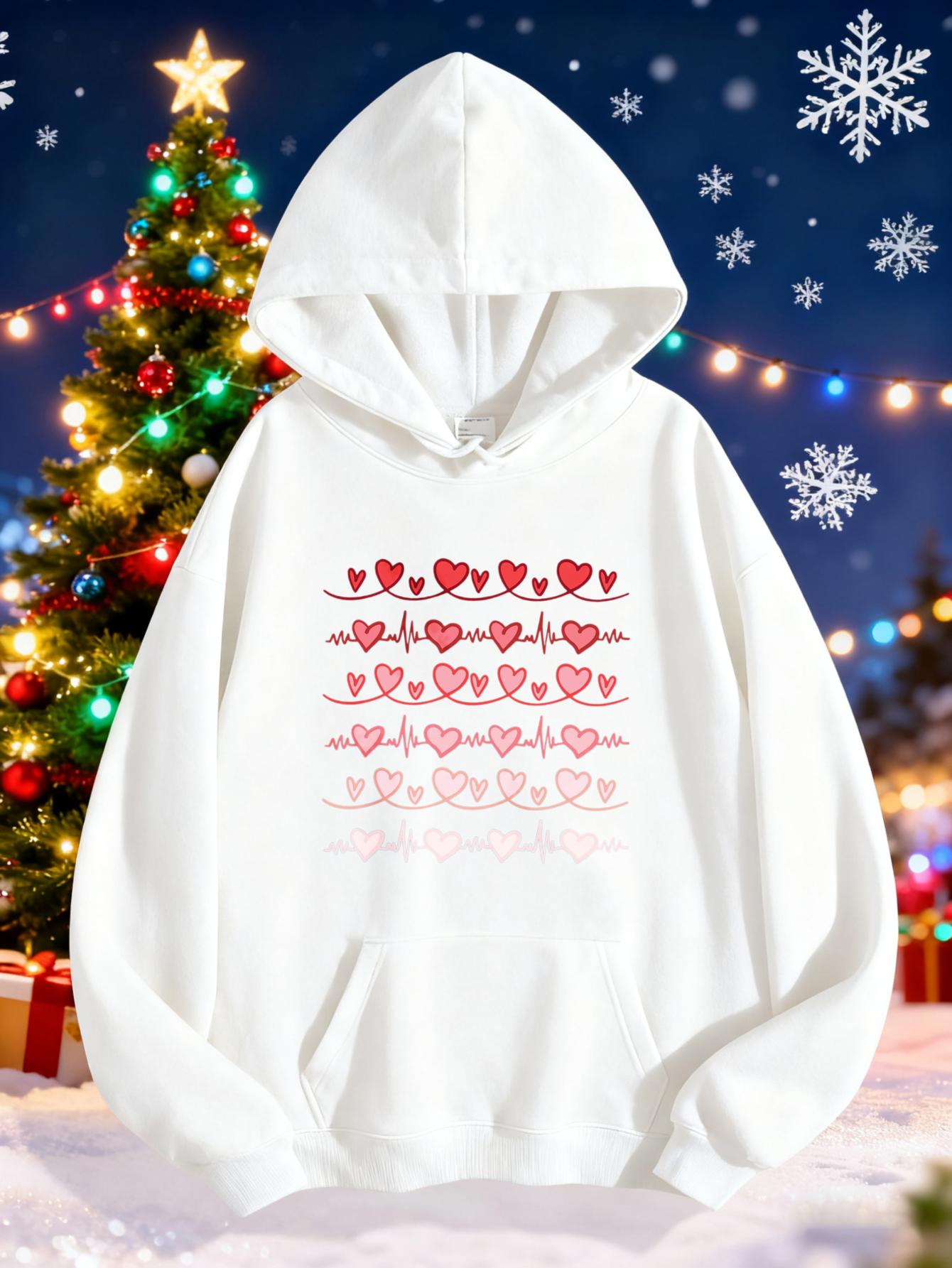 Women's Graphic Hoodie Heartbeat And Red Hearts Artfully Arranged Festive Lines Hoodie