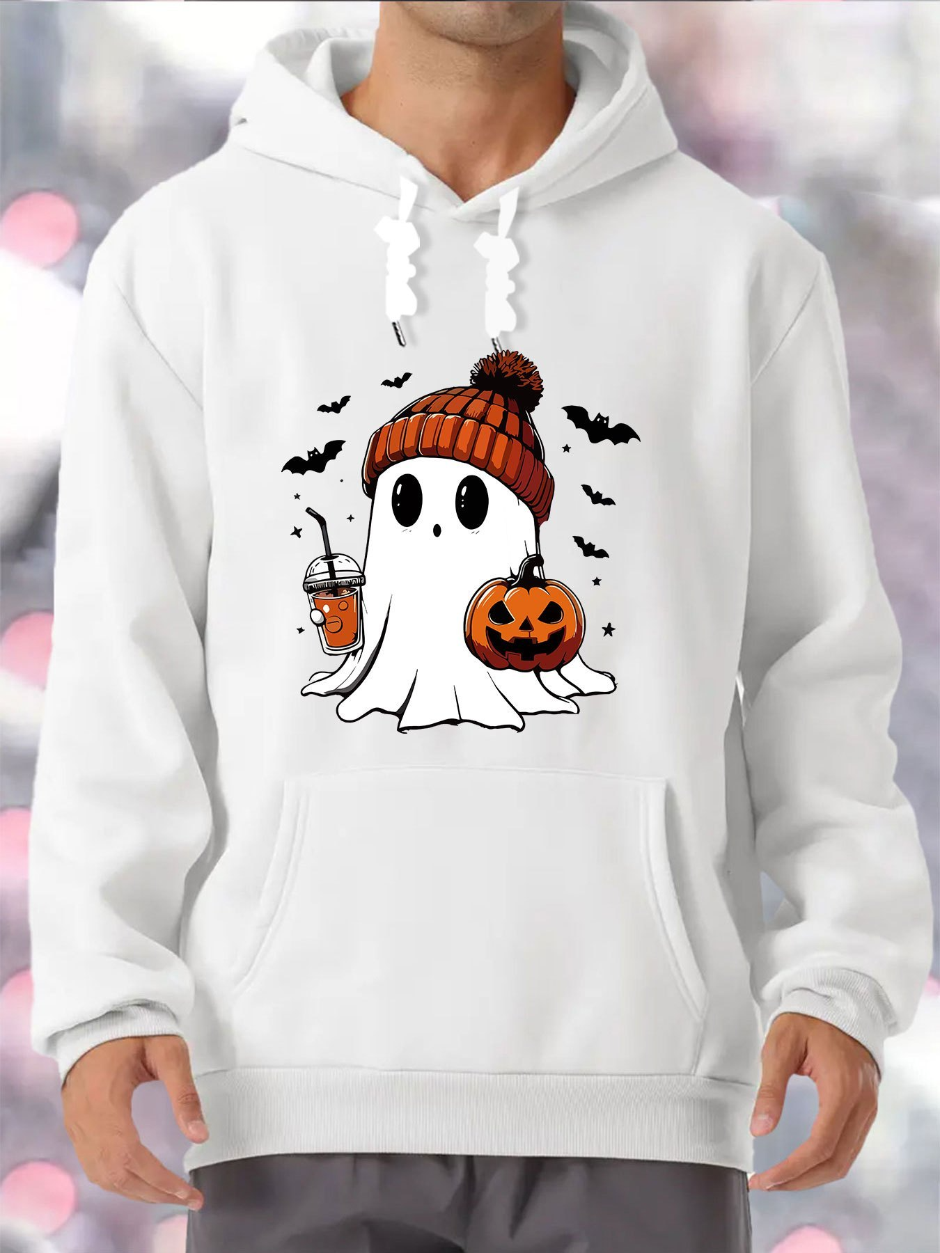 Men's Graphic Hoodie Cute Autumn Ghost Wearing Beanie Surrounded By Bats And Pumpkin