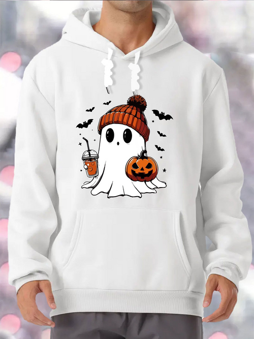 Men's Graphic Hoodie Cute Autumn Ghost Wearing Beanie Surrounded By Bats And Pumpkin
