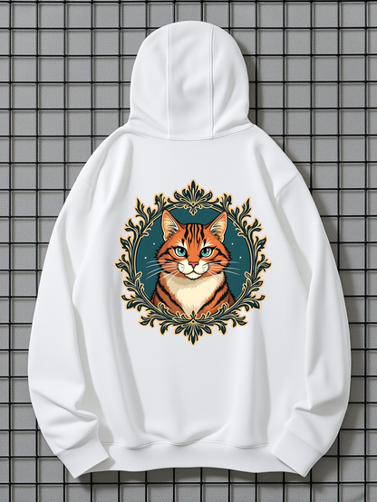 Men's Graphic Hoodie Golden Leaves Framing Under Night Stars With Orange Tabby Cat