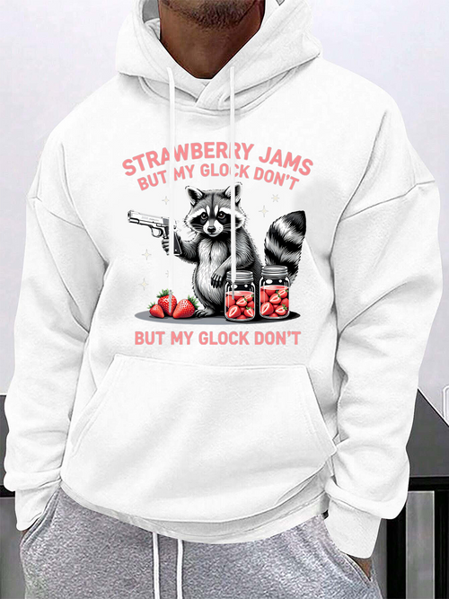Men's Graphic Hoodie Strawberry Jams With Funny Armed Raccoon Amid Fruit Jars Hoodie