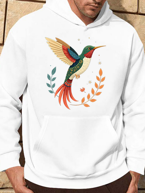 Men's Graphic Hoodie Colorful Flying Leaves Swirling Around A Graceful Hummingbird