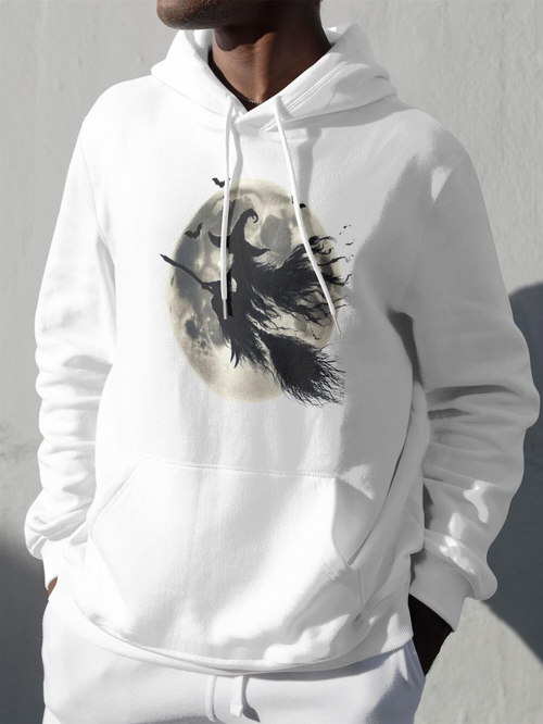 Men's Graphic Hoodie Flying Witch With Bats Silhouetted Against Full Moon Night Sky