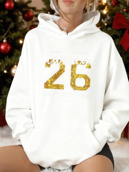 Women's Graphic Hoodie Glittering Gold Numbers Festive Holiday Theme Number