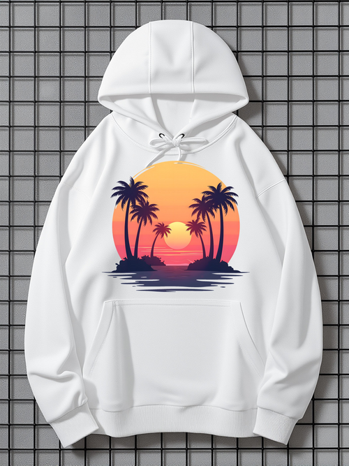 Men's Graphic Hoodie Vivid Sunset Reflection With Silhouetted Palm Trees Island