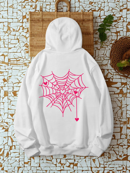 Women's Graphic Hoodie Hand Drawn Pink Heart Accents On Playful Spider Web