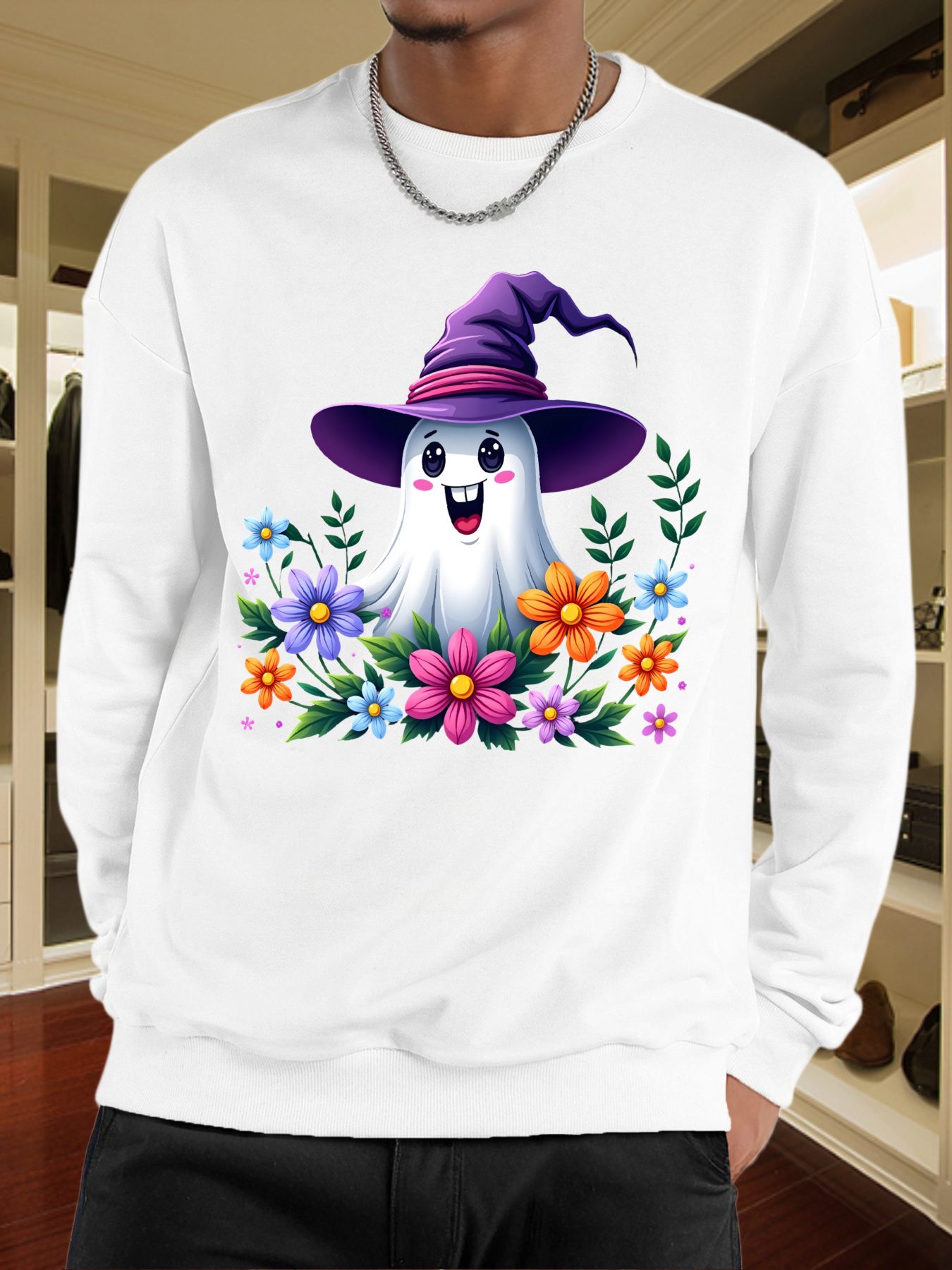 Men's Graphic Hoodie Colorful Flowers Surrounding Friendly Ghost With Purple Witch Hat