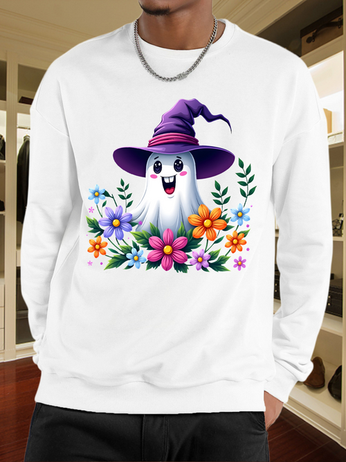 Men's Graphic Hoodie Colorful Flowers Surrounding Friendly Ghost With Purple Witch Hat