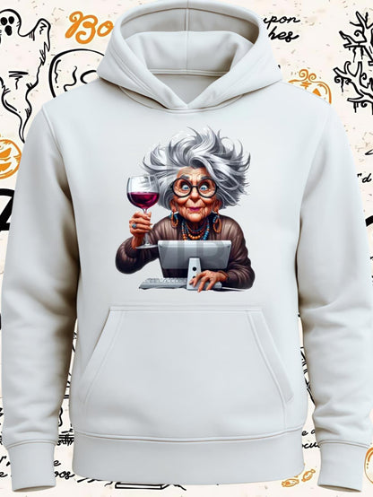 Women's Graphic Hoodie Eccentric Elderly Woman With Wild Hair Holding A Glass Of Wine Seated At A Table