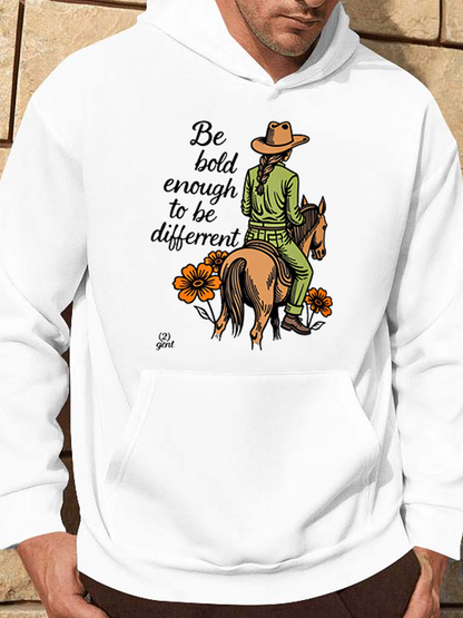 Men's Graphic Hoodie Be Bold Enough To Be Different Cowboy With Horse Walking Amid Sunlit Flowers