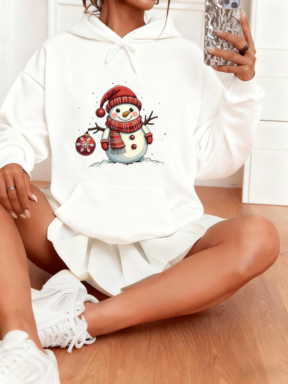 Women's Graphic Hoodie Playful Snow Day Cheerful Winter Scene With Smiling Snowman Wearing Red Hat