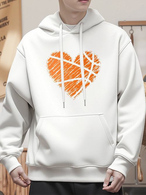 Men's Graphic Hoodie Hand Drawn Striped Orange Patterned Basketball Shaped Heart