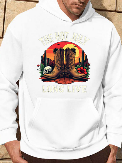 Men's Graphic Hoodie Sunset Desert Scenery With Cowboy Boots Cactus Flowers And Skull Boots