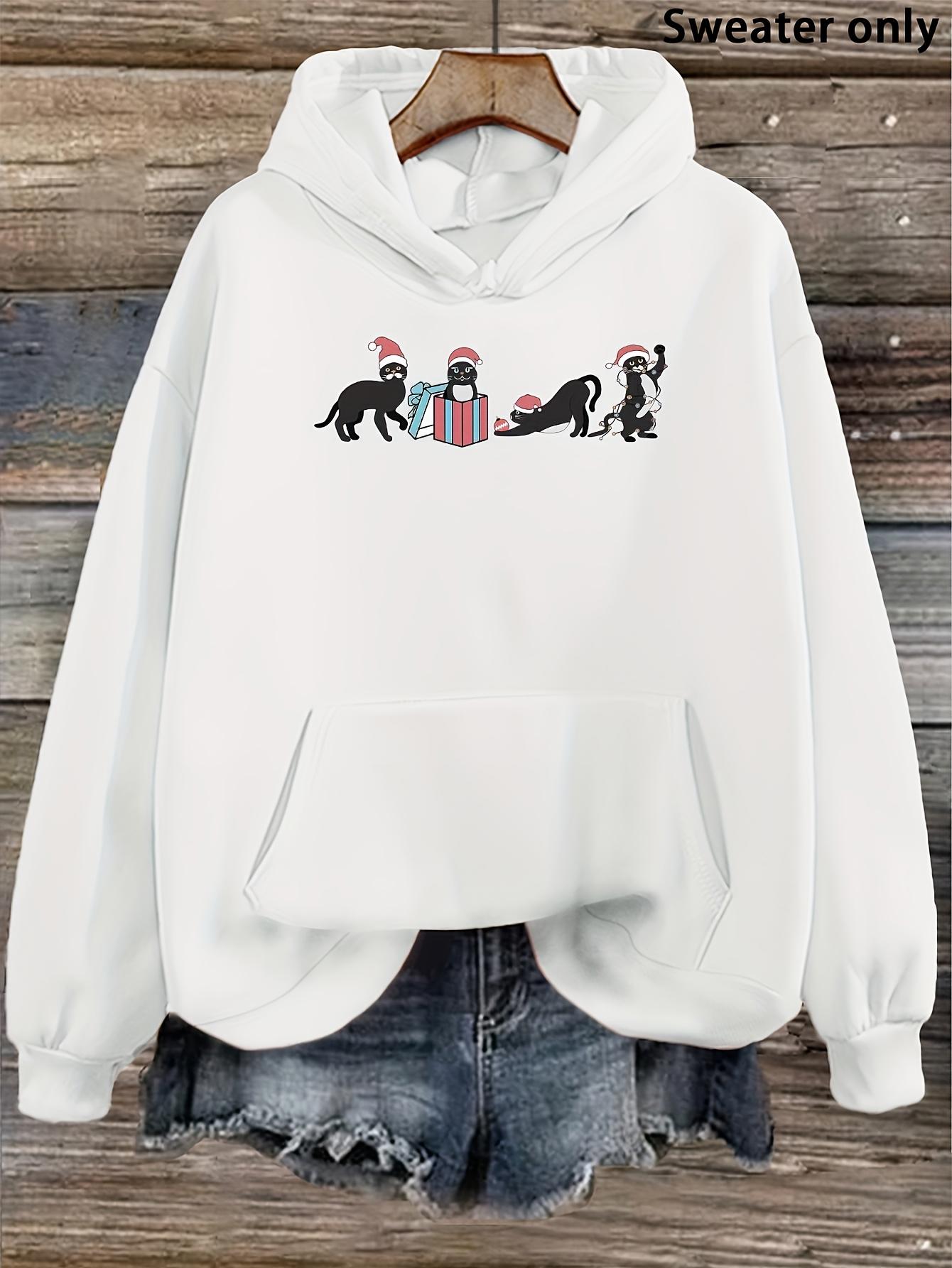 Women's Graphic Hoodie Playful Black Cats Wearing Santa Hats With Christmas Gift Box Cats