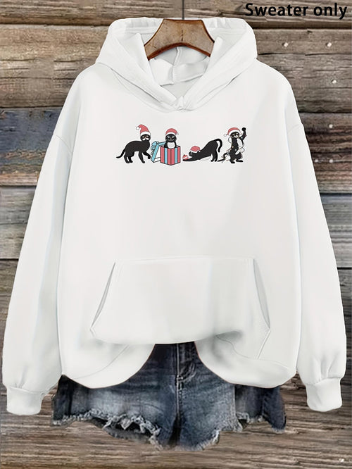 Women's Graphic Hoodie Playful Black Cats Wearing Santa Hats With Christmas Gift Box Cats
