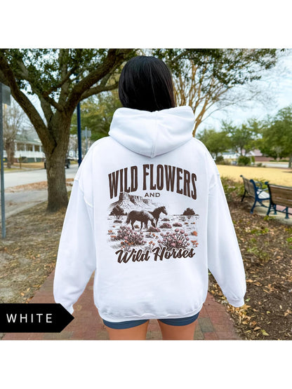 Women's Graphic Hoodie Wild Flowers Blooming Meadow With Galloping Horses In Open Field