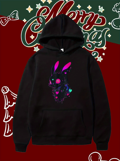 Men's Graphic Hoodie Neon Glow Amid Colorful Stars With Mysterious Bunny Rabbit