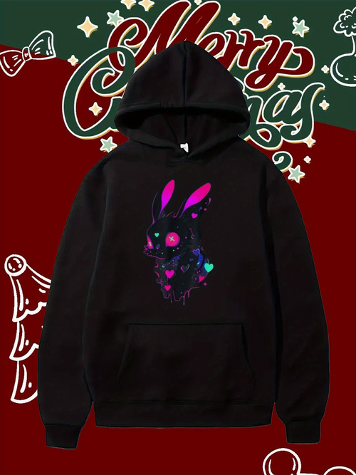 Men's Graphic Hoodie Neon Glow Amid Colorful Stars With Mysterious Bunny Rabbit