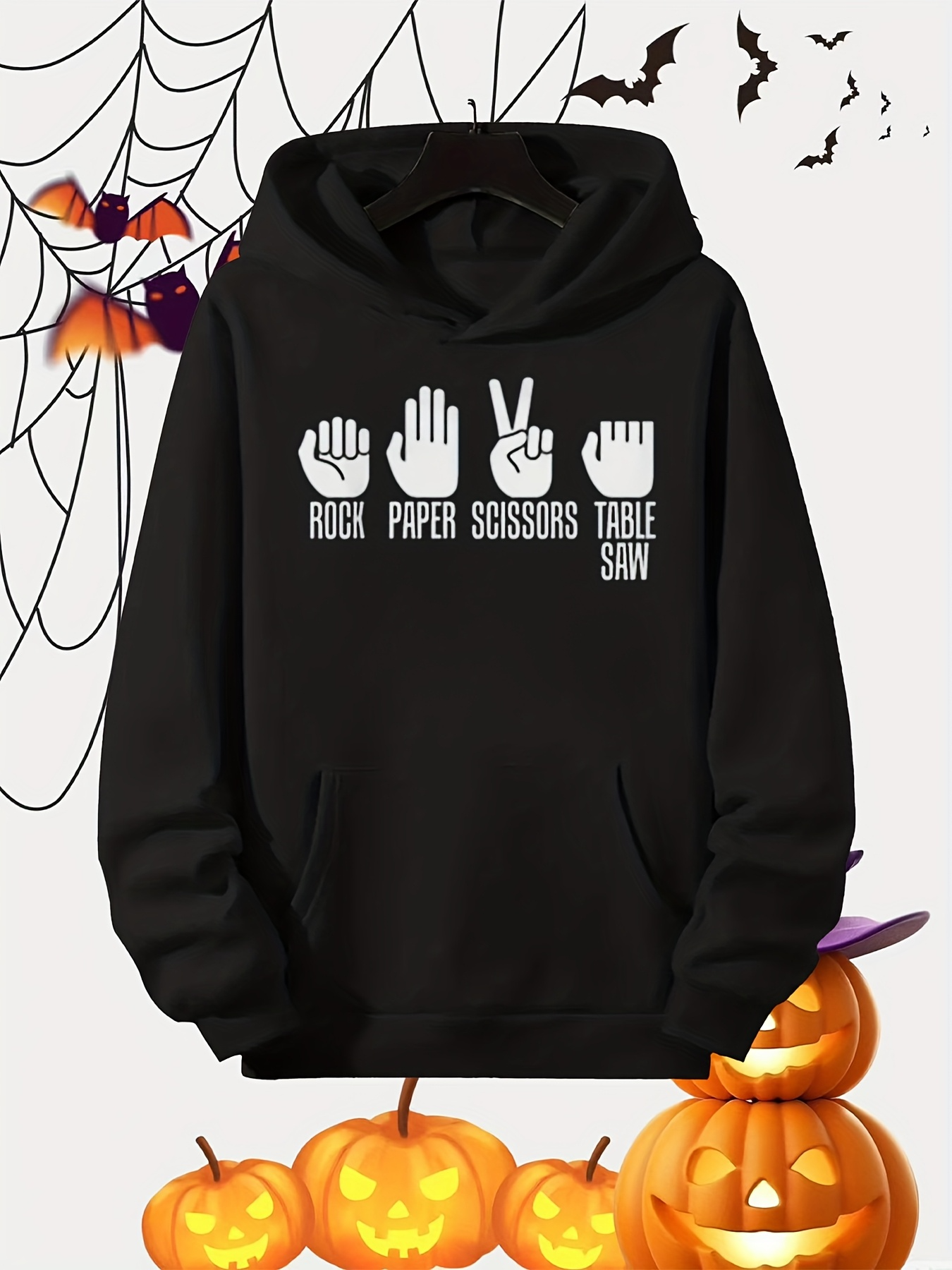 Men's Graphic Hoodie Rock Paper Scissors With Halloween Bats And Pumpkins Hoodie
