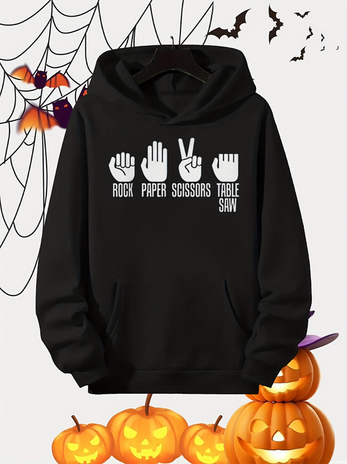 Men's Graphic Hoodie Rock Paper Scissors With Halloween Bats And Pumpkins Hoodie