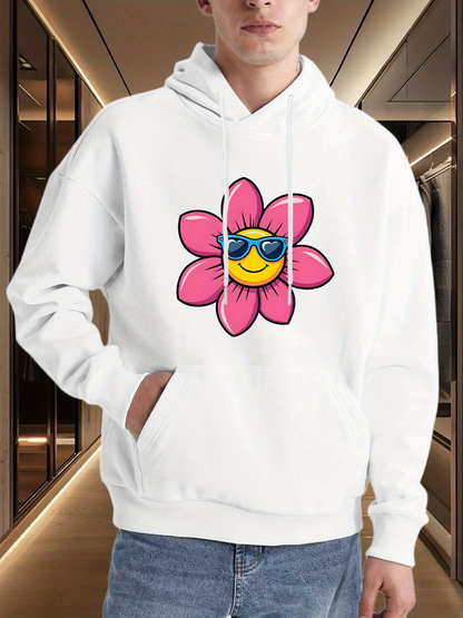 Men's Graphic Hoodie Pink Petals And Bright Yellow Sun Wearing Blue Sunglasses Flower