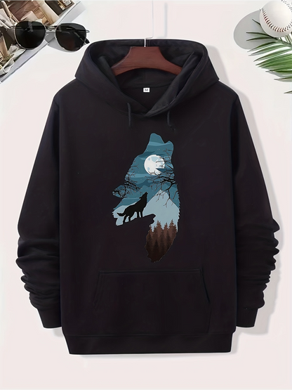 Men's Graphic Hoodie Full Moon Night With Mystical Forest Wolf Howling Under Silhouette