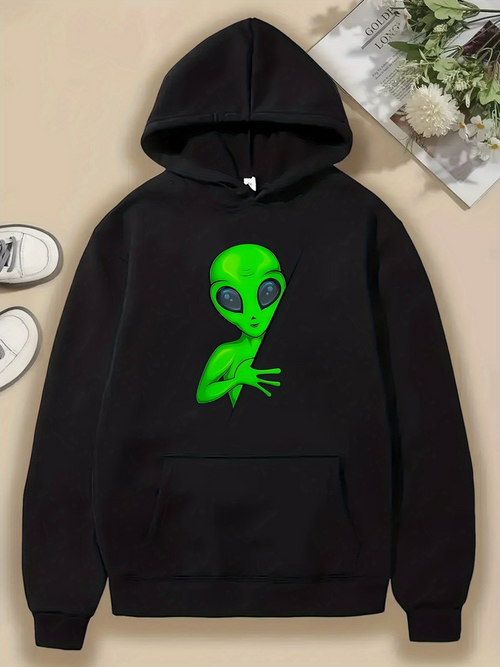 Men's Graphic Hoodie Glossy Green Extraterrestrial Peeking Through Cosmic Void Alien