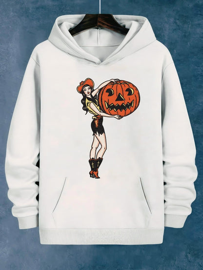 Women's Graphic Hoodie Cowgirl Holding Large Carved Halloween Jack O Lantern Pumpkin
